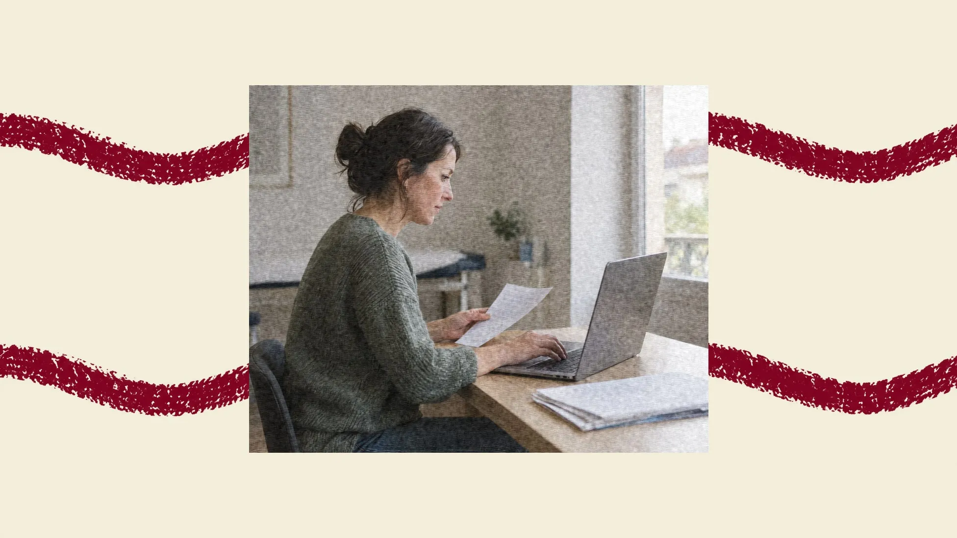 Une praticienne de profil à son bureau, une facture papier à la main, devant son ordinateur portable