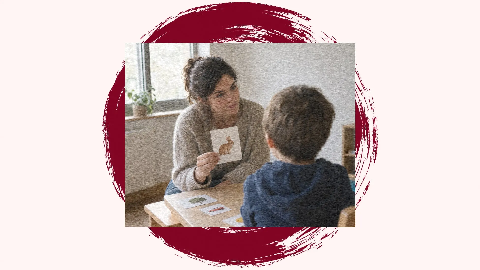 Une orthophoniste montre une carte illustrée à un enfant vu de dos, assis à une table basse